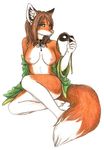  breasts canine female fox mammal mask nipples plain_background sitting solo speed_(artist) undressing white_background 