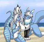  anthro beach big_breasts blue breasts canine chest_tuft couple day digimon duo female fols fox fur hair hair_over_eye huge_breasts long_hair looking_at_viewer lordstevie mammal nipples nude outside pussy red_eyes renamon renamon_knockoff scalie seaside short_hair stripes tail tuft verin verin_asper white white_body white_fur white_hair 
