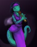  black_hair blue blue_markings clothed clothing dreadlocks eyes_closed female flute gecko green green_body hair headband instrument kokopelli_(moonlite_symphony) lizard markings moonlite_symphony music musical_instrument reptile scalie solo standing tail 