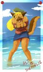  alt-b-shephelie beach beret blonde_hair canine cleavage dog eyes_closed female hair miniskirt open_mouth sea seaside smile solo water whim_(artist) 