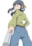  bad_id bad_pixiv_id blue_eyes blue_hair denim from_below glasses headband jeans long_hair makishima_saori ore_no_imouto_ga_konna_ni_kawaii_wake_ga_nai pants perspective simple_background sogeki_shunishiki solo twintails white_background 