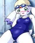  blush breasts calumon crotch_view digimon female g-sun goggles one-piece_swimsuit pool solo sweat swimming_cap swimsuit wet 