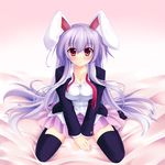  absurdres animal_ears black_legwear breasts bunny_ears cleavage dress_shirt highres kazami_chiu large_breasts lavender_hair long_hair red_eyes reisen_udongein_inaba shirt sitting skirt solo thighhighs touhou v_arms very_long_hair wariza 