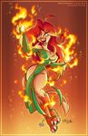  avian big_breasts breasts cleavage costume dress duck eltonpot fangs female fire solo superpower tail wide_hips 