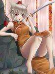  alternate_costume animal_ears armpits bad_feet bad_id bad_pixiv_id bare_arms bare_shoulders barefoot china_dress chinese_clothes dress hat highres inubashiri_momiji mochi.f panties pantyshot pantyshot_(sitting) red_eyes short_hair side_slit silver_hair sitting sleeveless solo sword tokin_hat touhou underwear weapon white_hair wolf_ears 