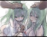  2girls breasts calm,_silent_gusta calm_silent_gusta charmers cum disembodied_penis duel_monster green_eyes green_hair gusta hand_on_head highres multiple_girls nipples penis uncensored wynn wynn_the_wind_charmer wynnda,_miko_of_the_gusta wynnda_miko_of_the_gusta yu-gi-oh! 