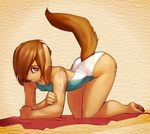  all_fours brown brown_eyes brown_hair canine crossdressing cute girly hair it&#039;s_a_trap looking_at_viewer male marty onta raised_tail sand solo swimsuit tail 
