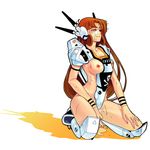  breasts brown_hair cao-cao choujikuu_yousai_macross closed_eyes cosplay cum facial full_body hayase_misa kneeling long_hair macross mecha_musume medium_breasts nipples personification pussy_juice shadow simple_background solo sweat thighs vf-1 white_background 