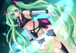  alternate_costume blue_eyes breasts bridal_gauntlets green_hair hatsune_miku hatsune_miku_(append) headset long_hair medium_breasts open_mouth shinbashi_katsura solo twintails underboob very_long_hair vocaloid vocaloid_append 