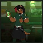  black_hair black_nose blue_eyes bottle brown_fur drink ear_piercing earring fur hair kilt male mammal mongoose piercing solo tail unknown_artist 