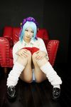  asian blue_hair blue_panties chair cosplay demon_girl kurono_kurumu kuruno_kurumu kuruno_kurumu_(cosplay) panties photo real rosario+vampire school_uniform shoes skirt snow_flakes succubus sucubus thighs underwear white_legwear 