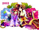  2girls beauty_mark breasts cleavage dress female flower green_eyes hair_ornament hairband hosokawa_gracia japanese_clothes kimono long_hair lying mole multiple_girls nashinomiya nouhime open_mouth pipe purple_eyes purple_hair red_hair sengoku_musou sengoku_musou_2 sengoku_musou_3 short_hair sitting wings 