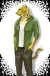  cheetah clothed clothing feline fur looking_away male mammal simple_background sky_(artist) solo yellow_fur 