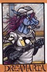  2010 airguitar_(artist) blue clothed conbadge dreamaria equine fangs female forked_tongue hair hockey horse jersey long_hair pittsburgh_penguins purple_hair solo 