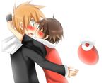  _black_hair blush brown_hair cap closed_eyes dark_hair eyes eyes_closed green green_(pokemon) hat highres hug kiss ookido_green pokemon pokemon_(game) pokemon_heartgold_and_soulsilver red_(pokemon) simple_background yaoi 