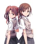  back-to-back bow brown_eyes brown_hair chihaya_72 frown hair_bow hair_ornament hairclip looking_at_viewer misaka_mikoto multiple_girls school_uniform shirai_kuroko short_hair simple_background to_aru_kagaku_no_railgun to_aru_majutsu_no_index twintails white_background 