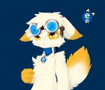  canine collar colored_background e621 eyewear feline fur goggles male mammal manafox mascot_contest plain_background slave solo tag tail white white_fur yellow yellow_eyes 