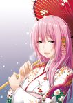  azuma_sawayoshi blue_eyes japanese_clothes kimono lips long_hair megurine_luka oriental_umbrella pink_hair snow solo umbrella vocaloid 