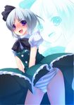  black_hairband blue_eyes blush embarrassed fang hairband highres konpaku_youmu open_mouth panties ryosios short_hair silver_hair skirt skirt_flip skirt_tug solo striped striped_panties touhou underwear upskirt wind wind_lift zoom_layer 