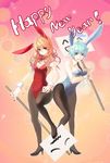  aile_(crossroads) animal_ears bad_id bad_pixiv_id bow bowtie bunny_ears bunnysuit chinese_zodiac high_heels highres holding holding_sign multiple_girls necktie new_year original pantyhose placard shoes sign year_of_the_rabbit 