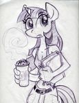  anthro anthrofied book clothing coffee ear_piercing earring equine female friendship_is_magic horn horns horse king-cheetah looking_at_viewer mammal monochrome my_little_pony piercing plain_background pony shirt solo tank_top traditional_media twilight_sparkle_(mlp) unicorn white_background 