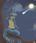  butt lucario moon nintendo pok&#233;mon pok&eacute;mon red_eyes sitting solo tail tree video_games wood 