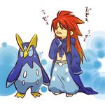  closed_eyes crossover gen_4_pokemon hitec long_hair luke_fon_fabre male_focus midriff moemon navel open_mouth personification pokemon pokemon_(creature) prinplup red_hair sleeves_past_wrists sweatdrop tales_of_(series) tales_of_the_abyss translated 