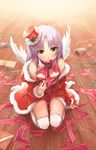  angel_beats! christmas coat coat_removed covered_nipples flat_chest flyx2 hat highres kneeling mouth_hold naked_ribbon purple_hair ribbon santa_costume silver_hair tenshi_(angel_beats!) thighhighs top_hat white_legwear wings yellow_eyes 