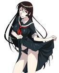  black_hair black_panties hinoki_(hinoki-buro) kaibutsu_oujo kamura_reiri long_hair one_eye_closed panties red_eyes school_uniform serafuku skirt skirt_lift solo underwear vampire 