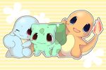  blush_stickers bulbasaur charmander enomoto_hina fang gen_1_pokemon no_humans one_eye_closed open_mouth pokemon pokemon_(creature) squirtle tail tail_between_legs 