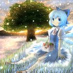  ahoge blue_eyes blue_hair bunchou_(bunchou3103) christmas cirno dress gift short_hair sitting snow solo touhou tree wings winter 