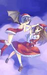  bat_wings blue_hair bow brown_eyes brown_hair christmas flying hair_bow hakurei_reimu hat highres holding_hands interlocked_fingers long_hair mikage_sekizai multiple_girls red_eyes remilia_scarlet santa_costume santa_hat short_hair touhou wings 