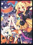  animal_ears armlet atelier_(series) blonde_hair blue_eyes blue_hat candy cat_ears chin_rest disgaea dress earrings flonne food frills hair_ribbon halloween hat heart heart_earrings jack-o'-lantern jewelry long_hair makai_senki_disgaea miyu_(trinity_universe) mizuki_(trinity_universe) mole multiple_girls official_art pamela_ibiss pointy_ears ponytail print_hat pumpkin red_eyes ribbon short_hair star star_print tears trinity_universe tsunako white_hair witch_hat 