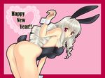  2011 animal_ears ass bare_legs breasts bunny_ears bunny_tail bunnysuit ehyeh highres large_breasts legs long_hair new_year original red_eyes solo tail thighs white_hair 