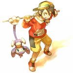  aipom backwards_hat black_hair cue_stick gen_2_pokemon goggles goggles_on_head gold_(pokemon) grin hat male_focus pokemon pokemon_(creature) pokemon_special shorts simple_background smile white_background yapo_(mess) yellow_eyes 