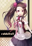  :d bow brown_eyes brown_hair dress hair_bow hair_ornament heart highres idolmaster idolmaster_(classic) long_hair minase_iori open_mouth polka_dot pos ribbon smile solo 