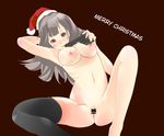  armpits asymmetrical_clothes asymmetrical_clothing blush breasts censored christmas hard_translated hat long_hair nanako_(artist) nude pussy santa_hat single_thighhigh spread_legs stocking_cap thighhighs translated 