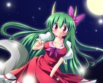  alternate_color bow breasts christmas cleavage ex-keine geo_(yukishitadou) green_hair horn_ribbon horns kamishirasawa_keine large_breasts long_hair red_eyes ribbon solo tail touhou very_long_hair 