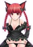  animal_ears bangs black_panties blunt_bangs blush bow bra braid breasts cat_ears cleavage dress dress_lift extra_ears groin hair_bow hair_ribbon highres kaenbyou_rin lingerie lips medium_breasts off_shoulder panties panty_pull pointy_ears red_eyes red_hair ribbon short_hair solo touhou twin_braids twintails underwear undressing y2 