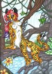  cheetah feline female flower hair holly_massey long_hair mammal nipples solo tail taur vines water waterfall 