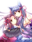  bell blue_hair blush hair_ornament jingle_bell long_hair multiple_girls open_mouth otome_youkai_zakuro purple_hair smile susukihotaru takitsume_shino zakuro_(otome_youkai_zakuro) 