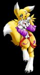  2009 angello_cauich black_background blue_eyes blush breasts canine digimon female fox gloves looking_at_viewer neck_ruff one_eye_closed open_mouth plantigrade renamon solo tail teeth tongue 