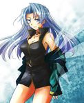  blue_eyes breasts calvina_coulange cleavage jacket large_breasts long_hair shirakawa_(whitemist) silver_hair skirt solo super_robot_wars super_robot_wars_judgement 