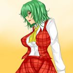  ascot ashima_takumi breasts green_hair impossible_clothes impossible_shirt impossible_vest kazami_yuuka large_breasts open_mouth plaid plaid_skirt plaid_vest red_eyes shirt sideways_mouth skirt skirt_set solo touhou vest 