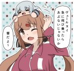  2girls alternate_costume black_bow blue_eyes blush bokota_(bokobokota) bow breasts brown_eyes brown_hair chibi comic cosplay eyebrows_visible_through_hair eyes_closed hair_between_eyes hair_bow hair_ornament hairclip hibiki_(kantai_collection) hoshino_miyako_(wataten) hoshino_miyako_(wataten)_(cosplay) kantai_collection long_hair long_sleeves low_twintails medium_breasts multiple_girls neckerchief one_eye_closed open_mouth school_uniform serafuku silver_hair sportswear tashkent_(kantai_collection) translation_request twintails 