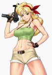  abs bang-you bare_shoulders blonde_hair bow breasts covered_nipples dragon_ball dragon_ball_(classic) fingerless_gloves gloves green_eyes grin gun hair_bow hand_on_hip holding holding_gun holding_weapon imi_uzi large_breasts long_hair lunch_(dragon_ball) machine_pistol midriff muscle navel no_bra shiny shiny_skin short_shorts shorts simple_background smile solo submachine_gun trigger_discipline weapon 