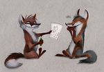  2010 canine couple english_text fox jackal looking_at_each_other male omg paper pencil saliva skia tail teeth whiskers 