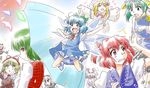  6+girls :d \o/ arms_up bow cirno closed_eyes coin danmaku dress emaciated fairy_wings flower hair_bobbles hair_bow hair_ornament hair_ribbon hat jumping kazami_yuuka konpaku_youmu lily_white looking_back medicine_melancholy multiple_girls onozuka_komachi open_mouth outstretched_arms phantasmagoria_of_flower_view pinafore_dress plaid plaid_vest reisen_udongein_inaba ribbon shaded_face shiki_eiki smile su-san supon touhou two_side_up umbrella vest wings 