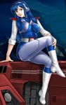  80s blue_eyes blue_hair boots breasts choujikuu_kidan_southern_cross gmp hangar headset highres lana_isavia large_breasts long_hair military military_uniform mp oldschool science_fiction sitting sleeves_rolled_up solo southern_cross toten_(der_fuhrer) uniform vehicle 