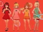  4girls artist_name bellhenge blonde_hair breasts brooch brown_hair cleavage crown dress earrings hair_over_one_eye hand_on_hip high_heels jewelry long_hair looking_at_viewer mario_(series) mario_tennis medium_hair mini_crown multiple_girls nintendo pauline ponytail princess_daisy princess_peach racket rosetta_(mario) short_dress short_shorts shorts sleeveless smile sportswear standing tennis_racket tennis_uniform visor_cap wristband 